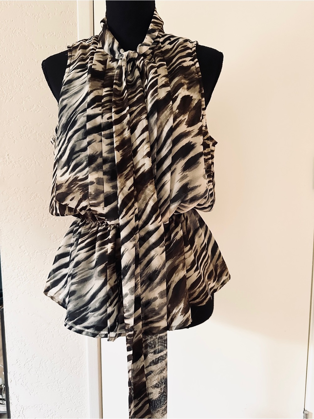 George Peplum Blouse- Medium Black & White Tie-Neck
